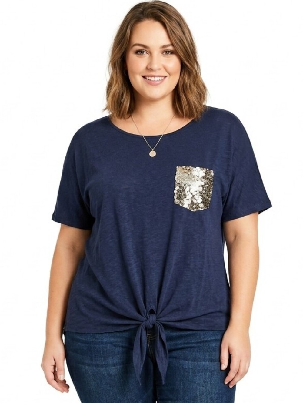 Large Cotton Sequin Pocket Tie-Front Short Sleeve Top in Navy